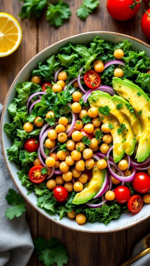 A colorful kale and chickpea salad with avocado, cherry tomatoes, and lemon dressing on a rustic table.